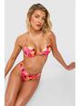 Push-Up Bikinioberteil mit tropischem Print und tiefem Ausschnitt, Pink
