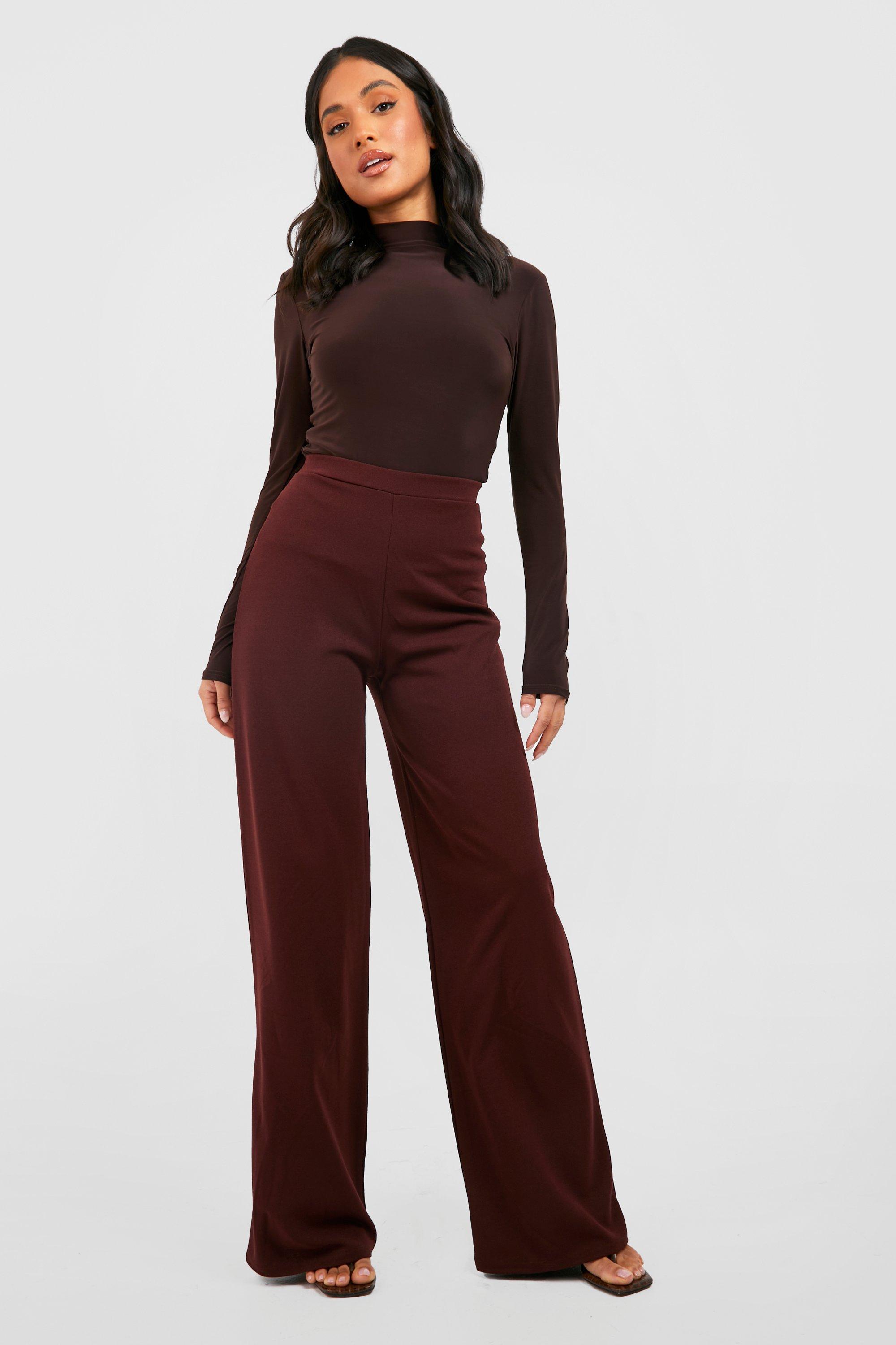 Women s Petite High Waist Crepe Wide Leg Trousers Boohoo UK