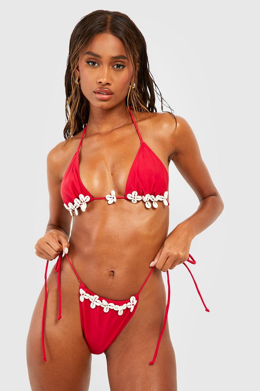 Rich red Bikinitrosa med knytdetaljer och snäckskal image number 1