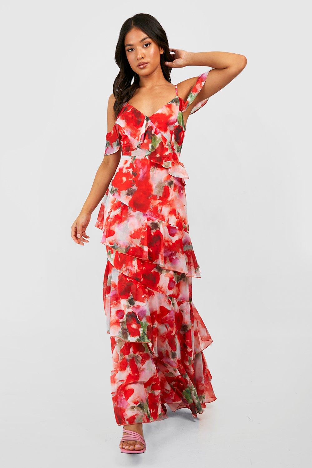 Petite Asymmetric Chiffon Tiered Ruffle Floral Maxi Dress