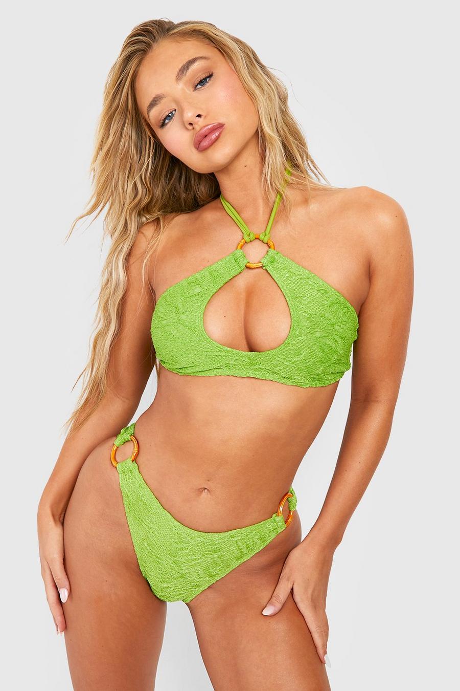 Green olive Textured Ring Detail Bikini Top