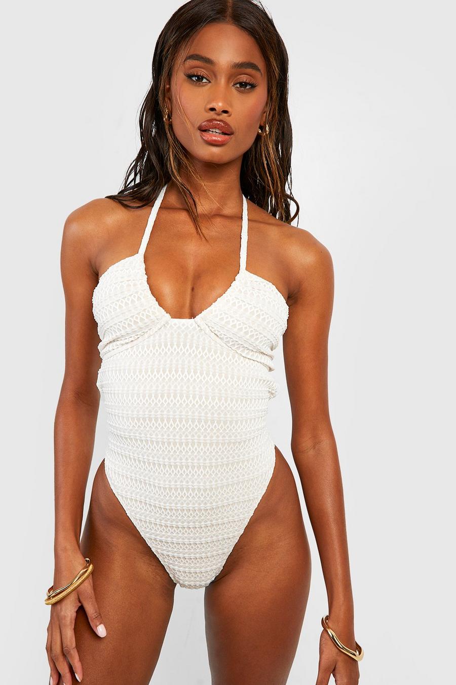 Ivory white Textured Ruched Halter Tie Swimsuit