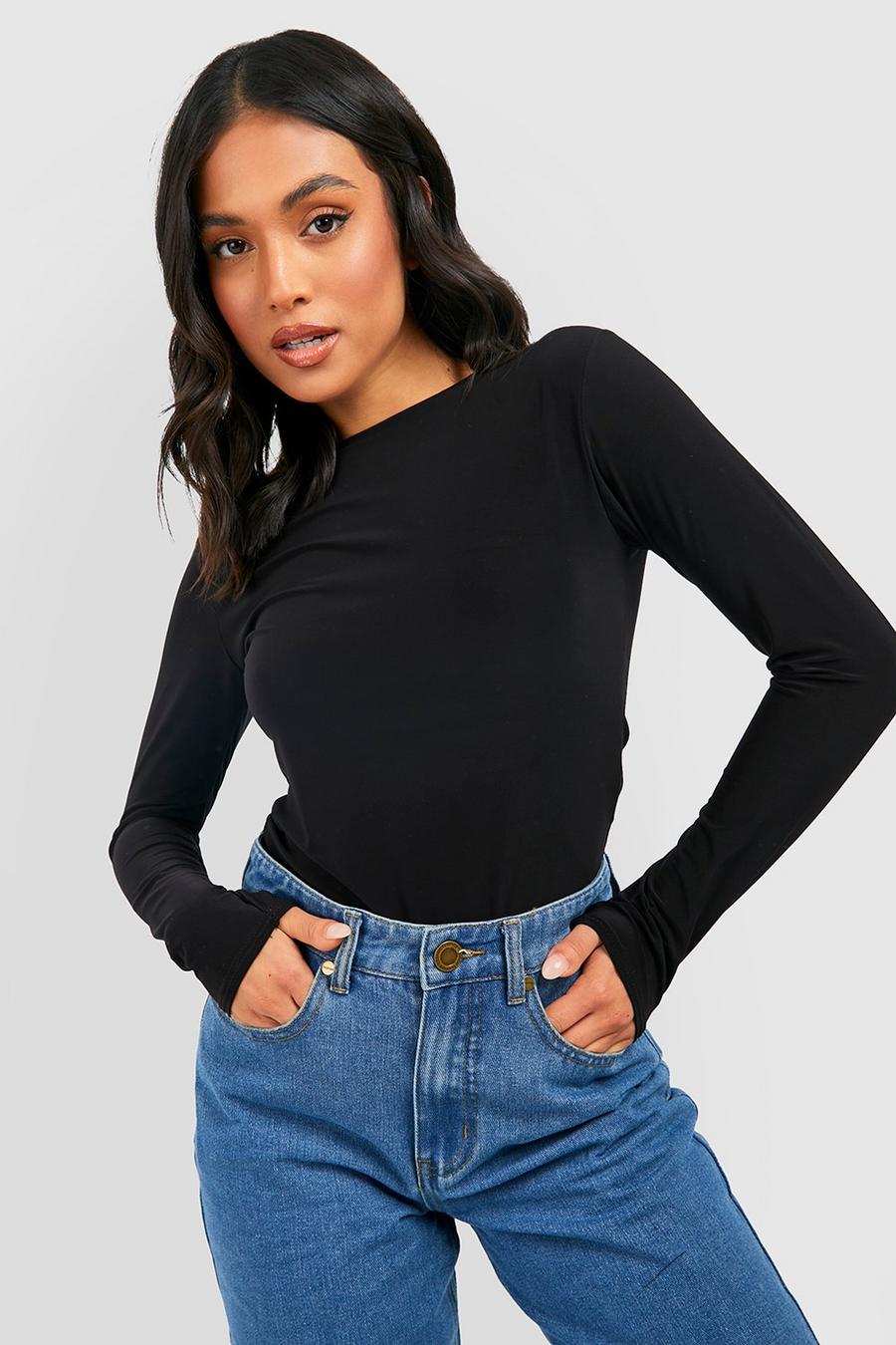 Black Petite Double Layer Slinky Long Sleeve Top image number 1