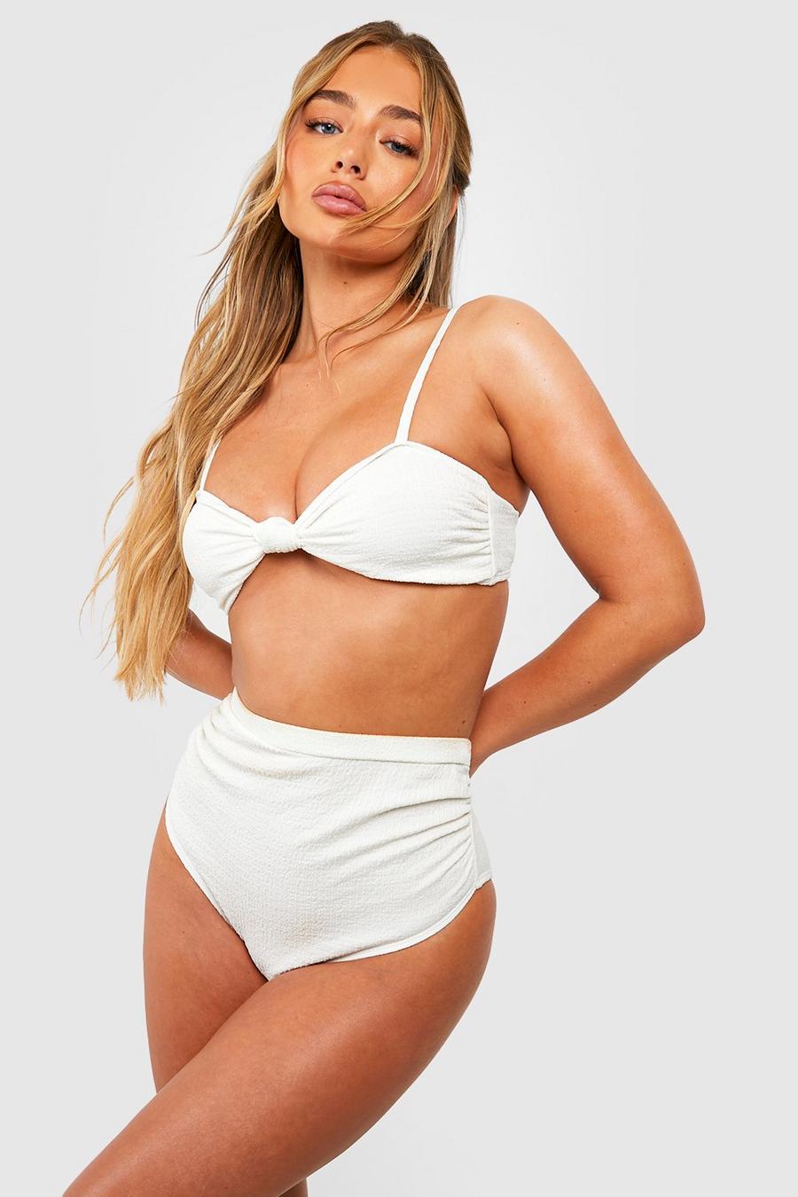 Strukturierter Bikini mit hohem Bund in Knitteroptik, Ivory blanc