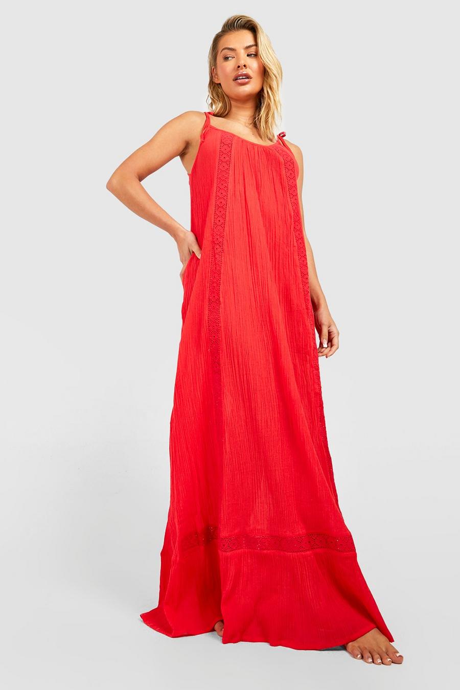 Red Embroidered Cheesecloth Maxi Beach Dress image number 1