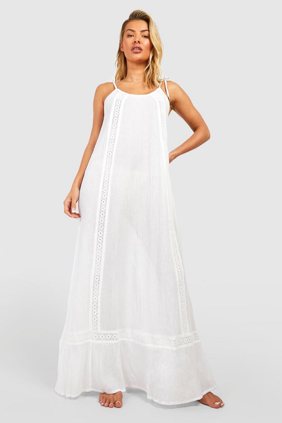 White Embroidered Cheesecloth Maxi Beach Dress image number 1