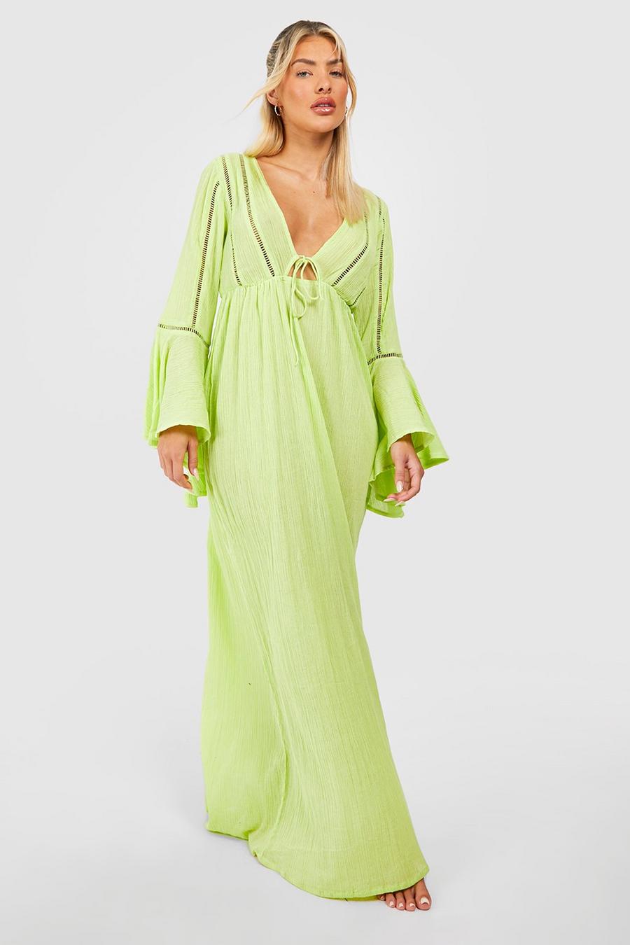 Washed lime yellow Tie Detail Frill Sleeve Beach Maxi Dress