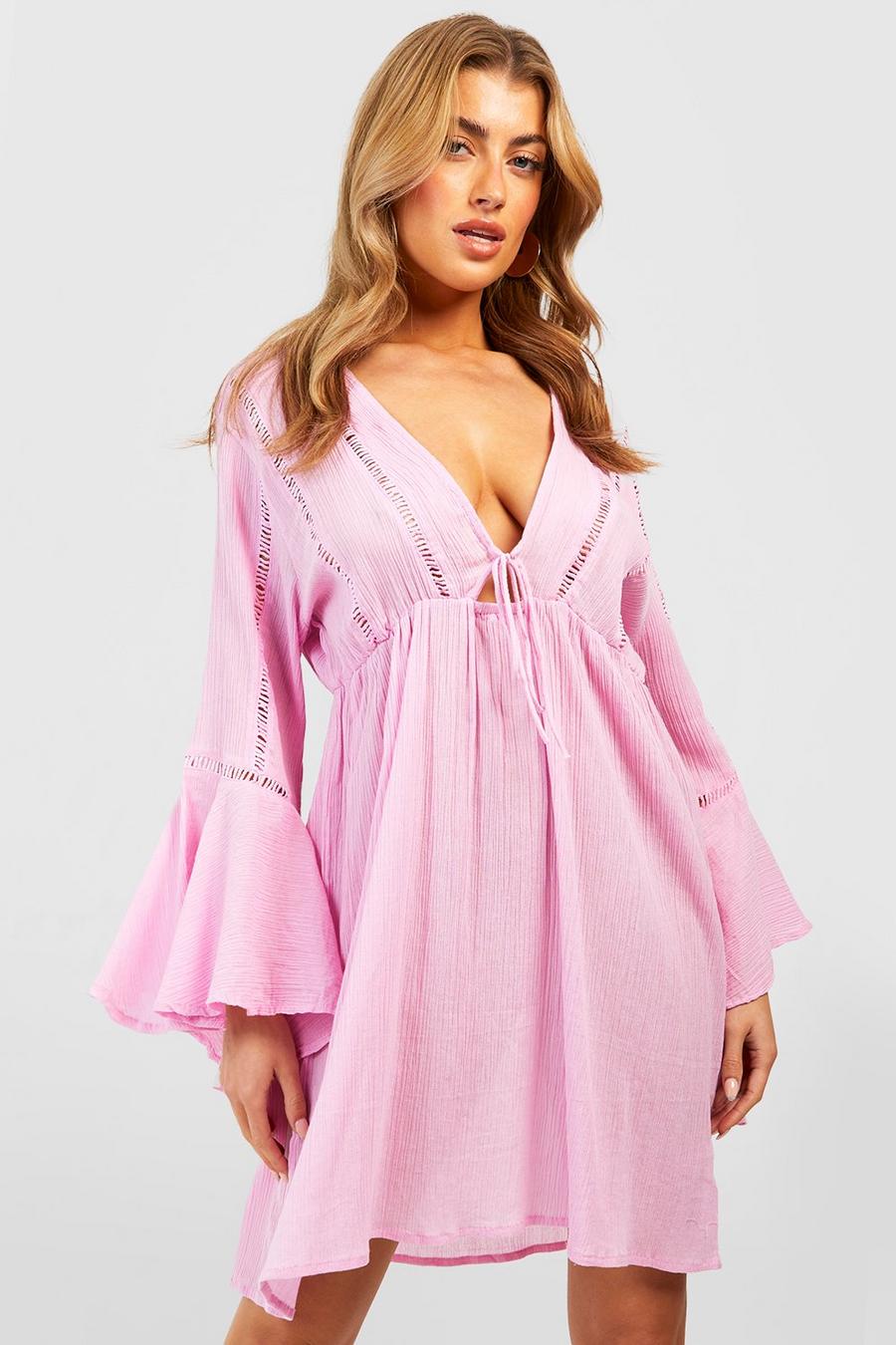 Pink Tie Detail Frill Sleeve Beach Mini Dress image number 1
