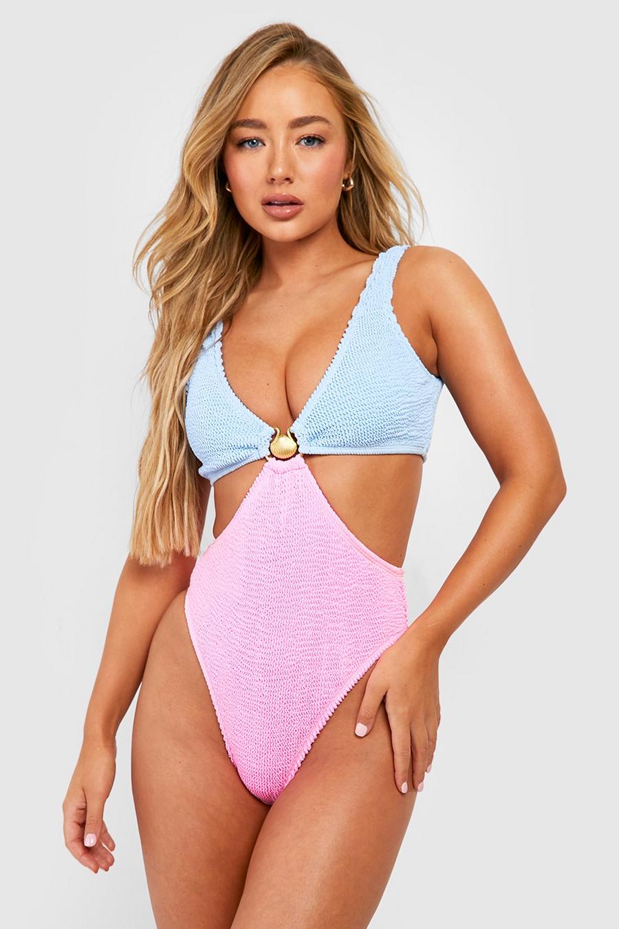 Cornflower blue Shell Color Block Crinkle Cut Out Swimsuit image number 1