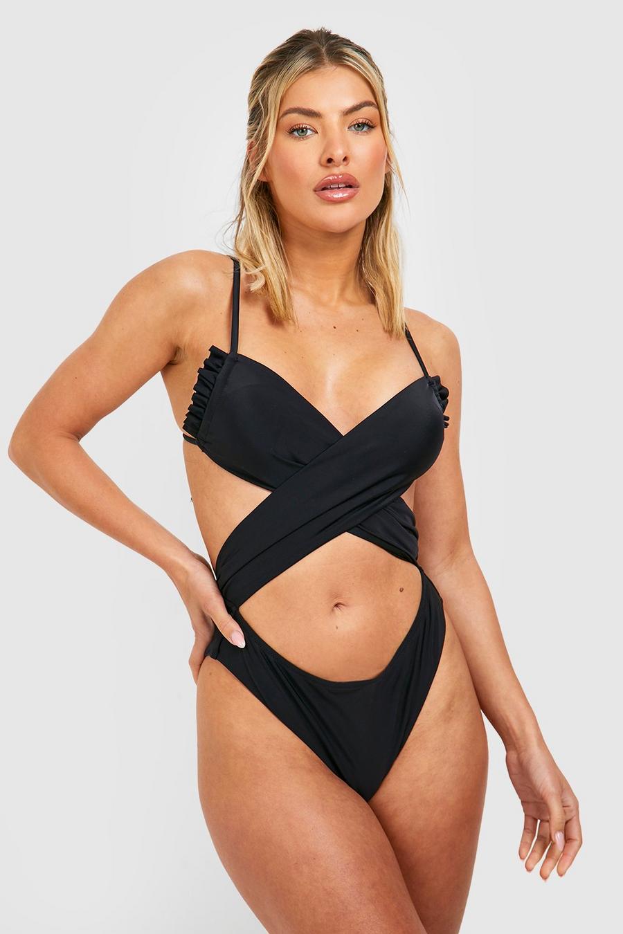 Black Ruched Wrap Cut Out Padded Swimsuit image number 1