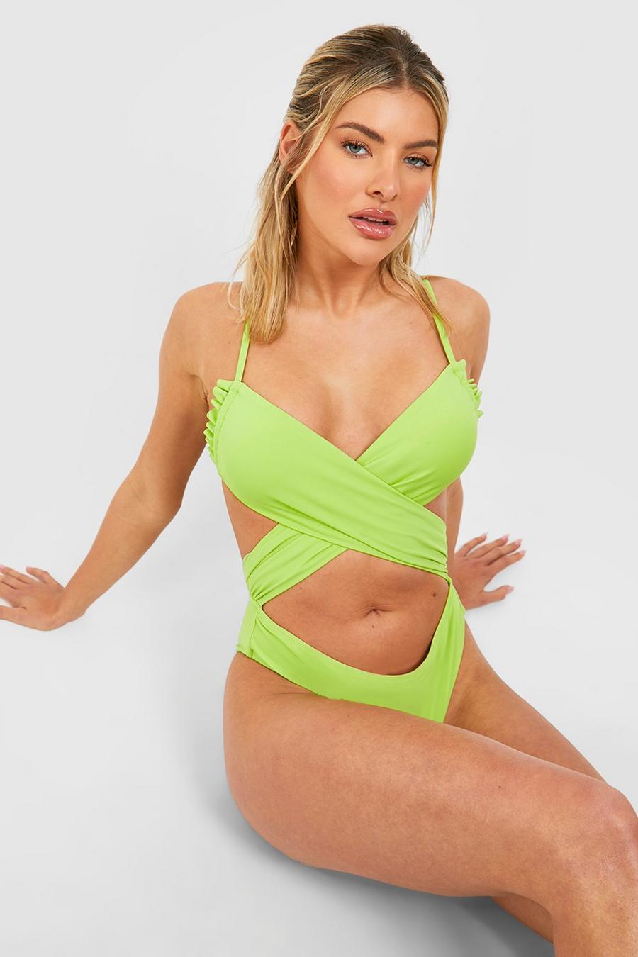 Lime Ruched Wrap Cut Out Padded Swimsuit image number 1