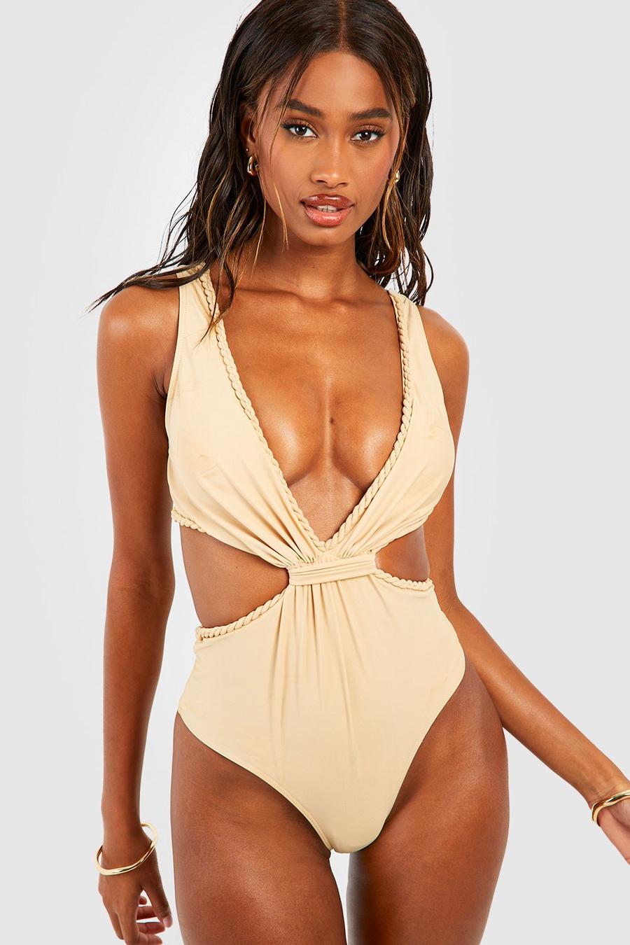 Champagne beige Rope Detail Cut Out Plunge Swimsuit