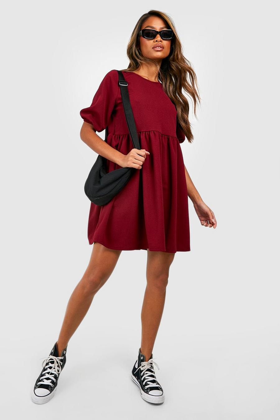 Berry rouge Puff Sleeve Smock Dress