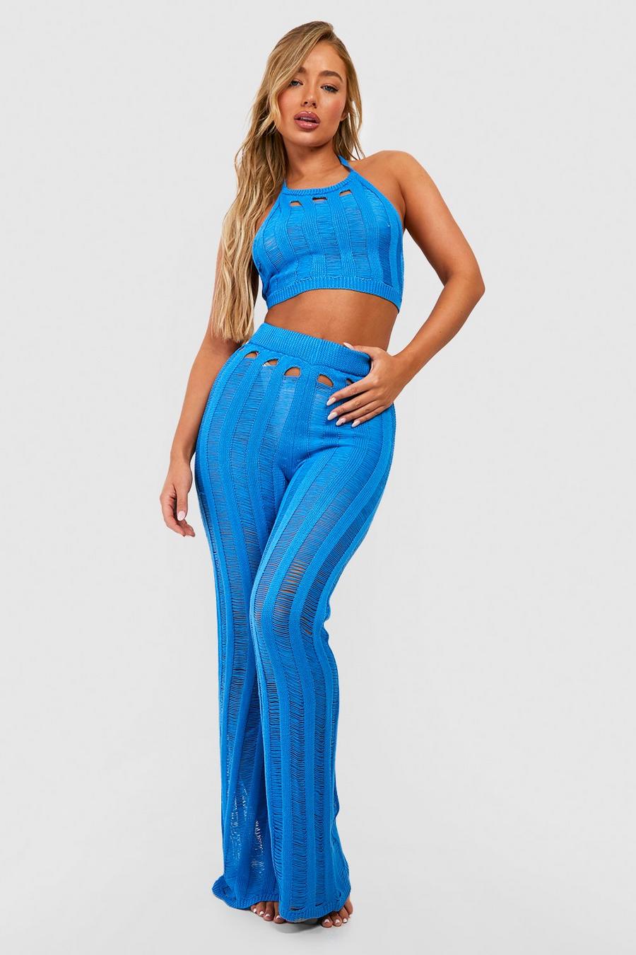 Turquoise Ladder Crochet Top & Pants Beach Co-Ord image number 1