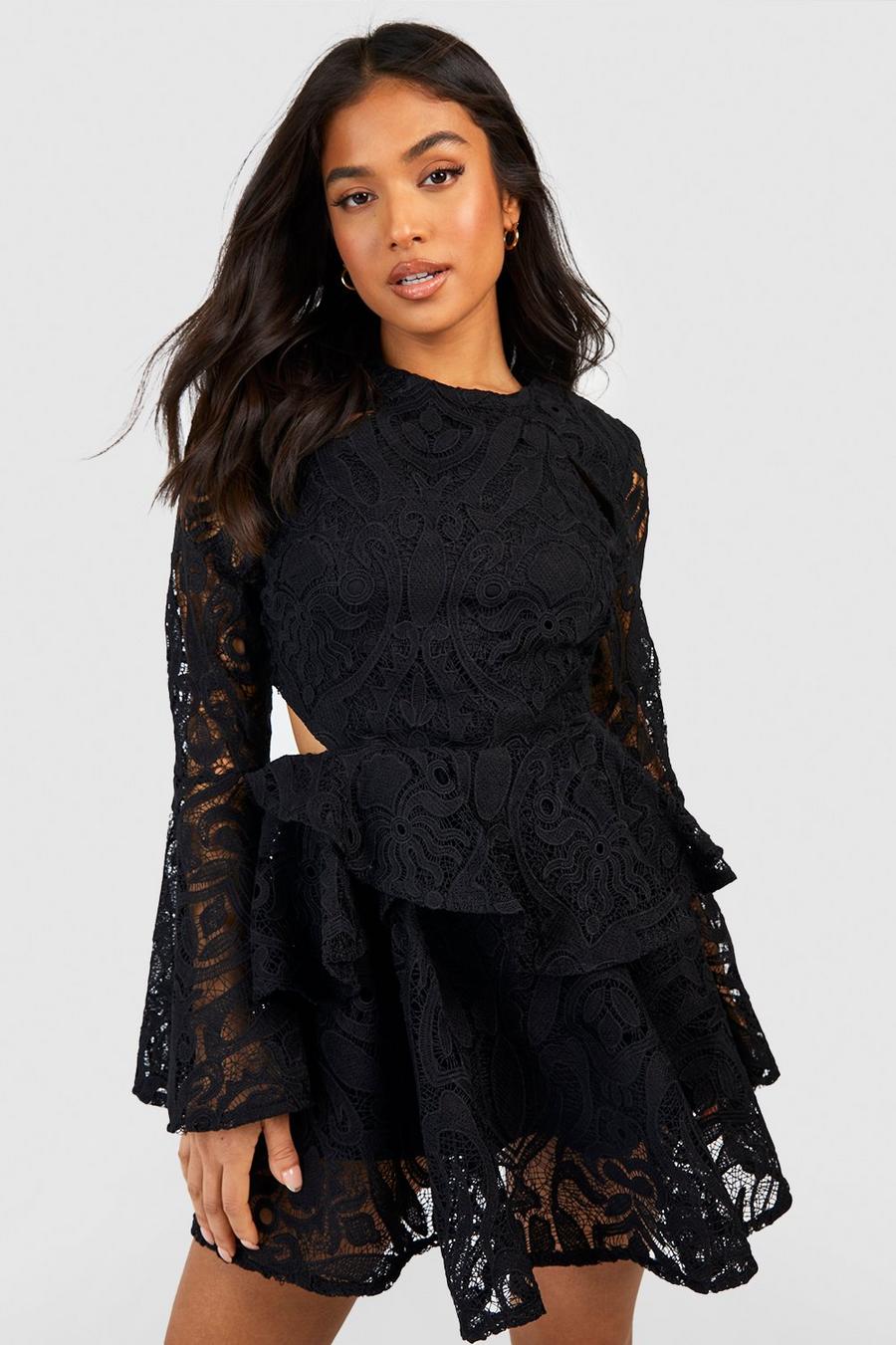 Black Petite Premium Lace Flare Sleeve Mini Dress image number 1