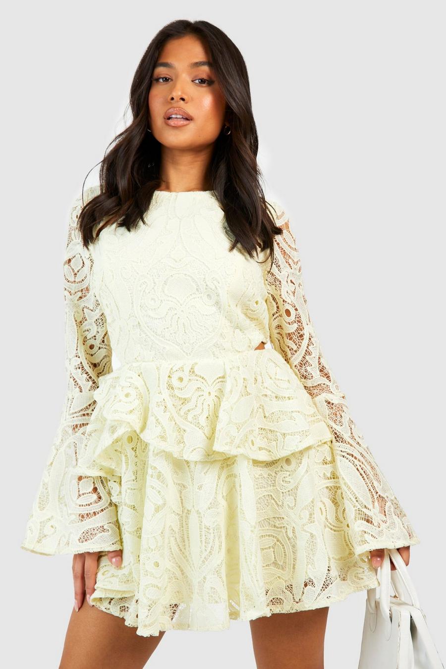 Lemon Petite Premium Lace Flare Sleeve Mini Dress image number 1