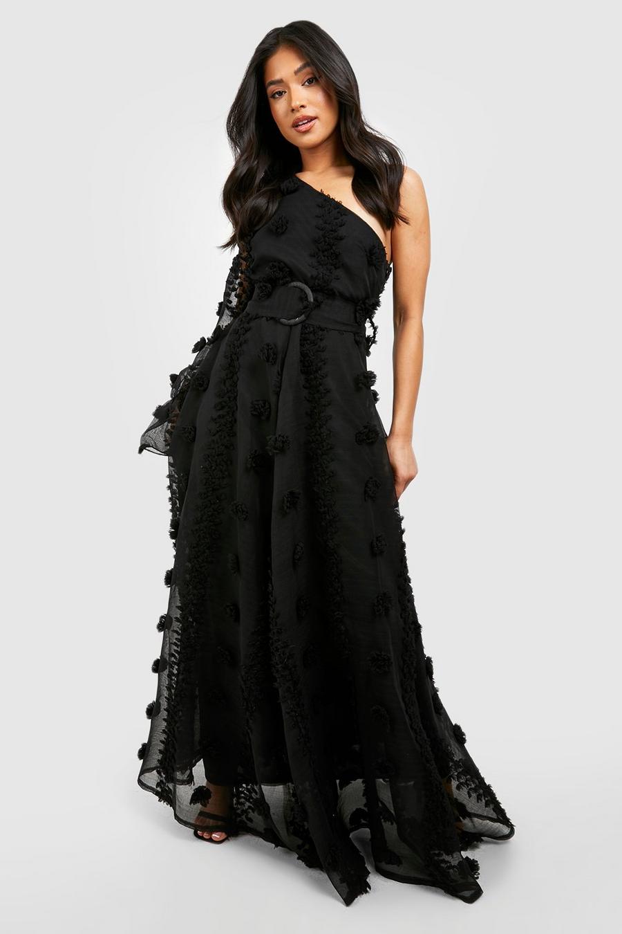 Black Petite Textured Dobby Asymmetric Maxi Dress image number 1