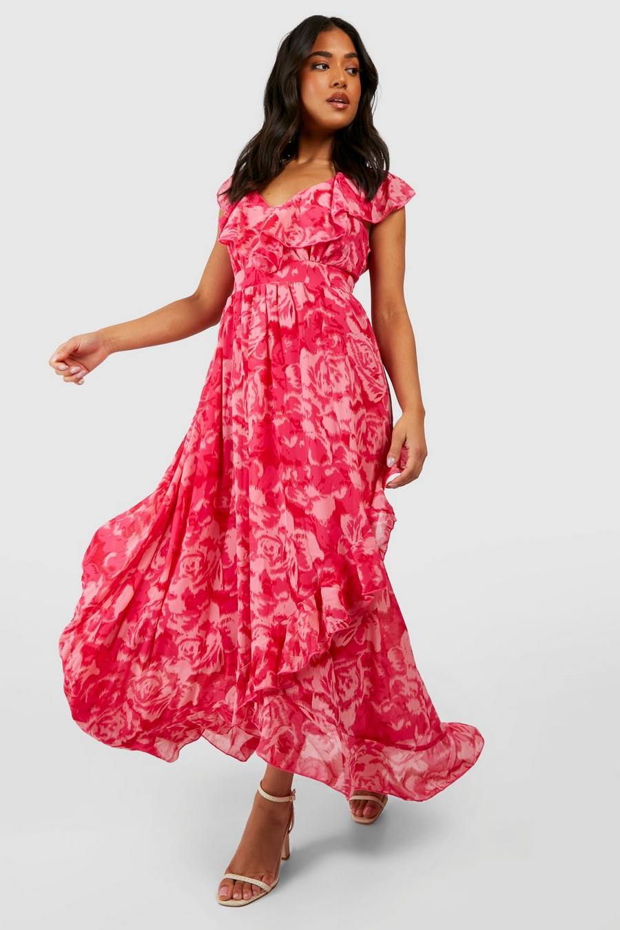 Hot pink Petite Floral Ruffle Wrap Maxi Dress