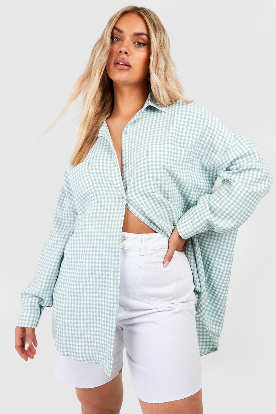 Sage green Plus Oversized Gingham Checked Shirt