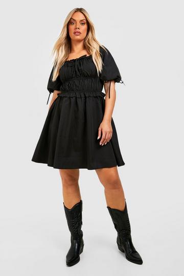 Plus Puff Sleeve Ruched Detail Skater Dress black