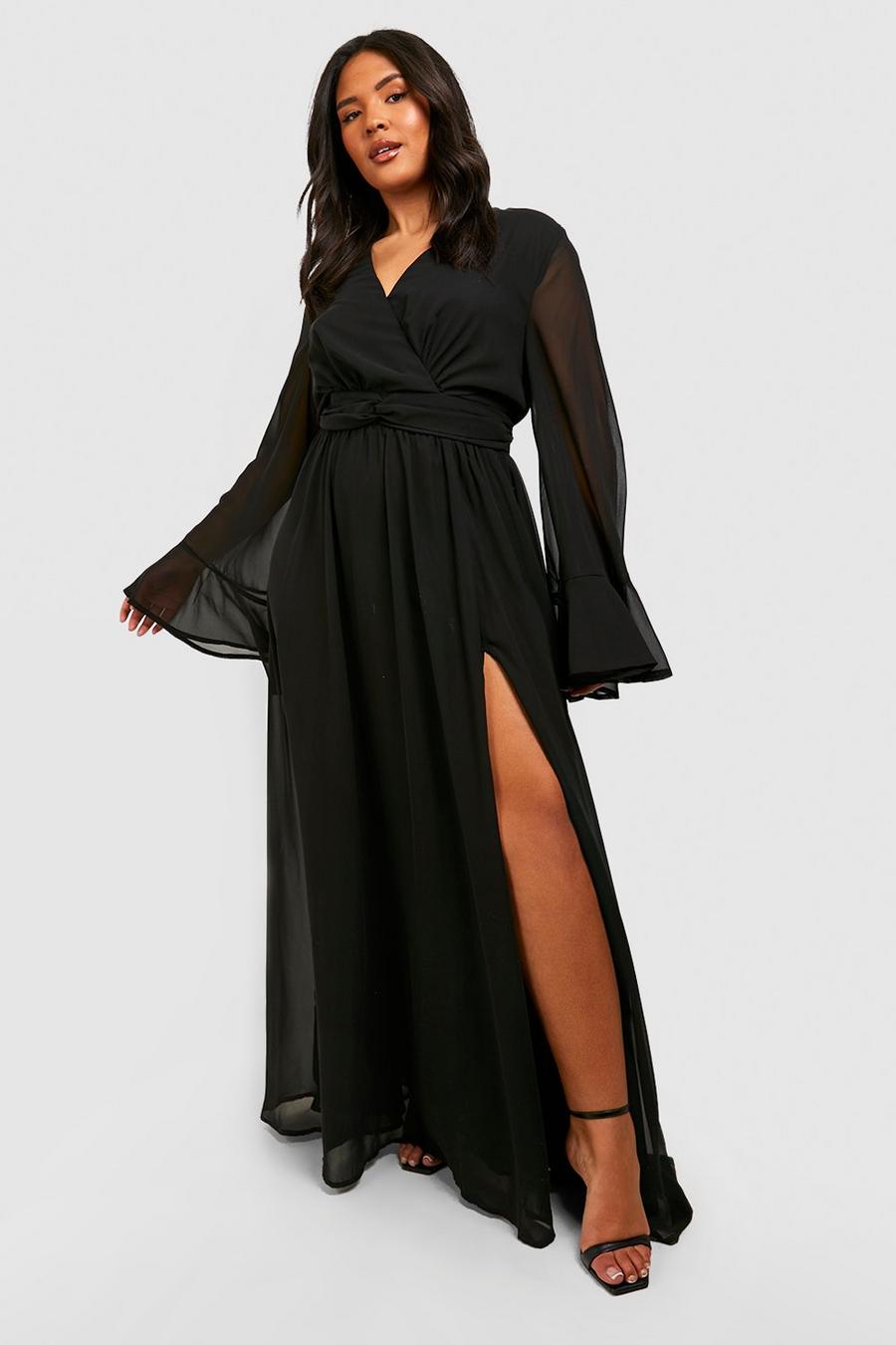Black Plus Chiffon Flared Sleeve Maxi Dress image number 1