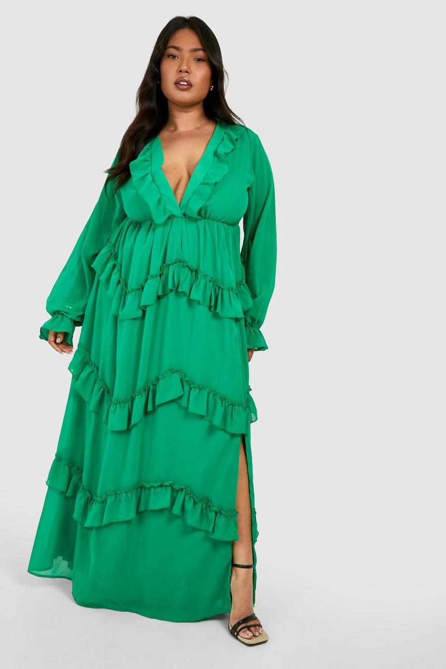 Vestito maxi Plus Size con scollo profondo e arricciature, Bright green image number 1