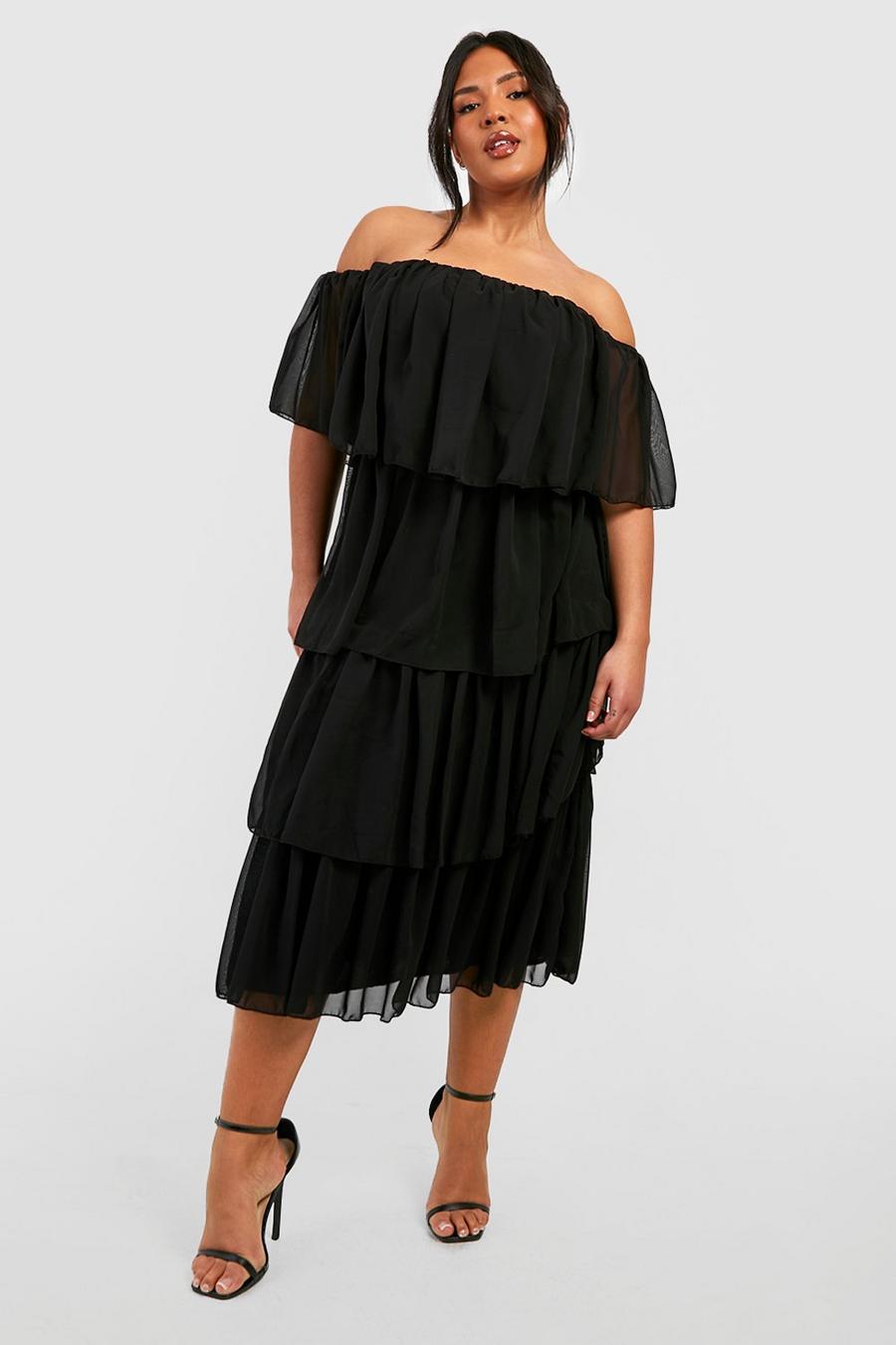 Black Plus Chiffon Bardot Ruffle Midaxi Dress image number 1