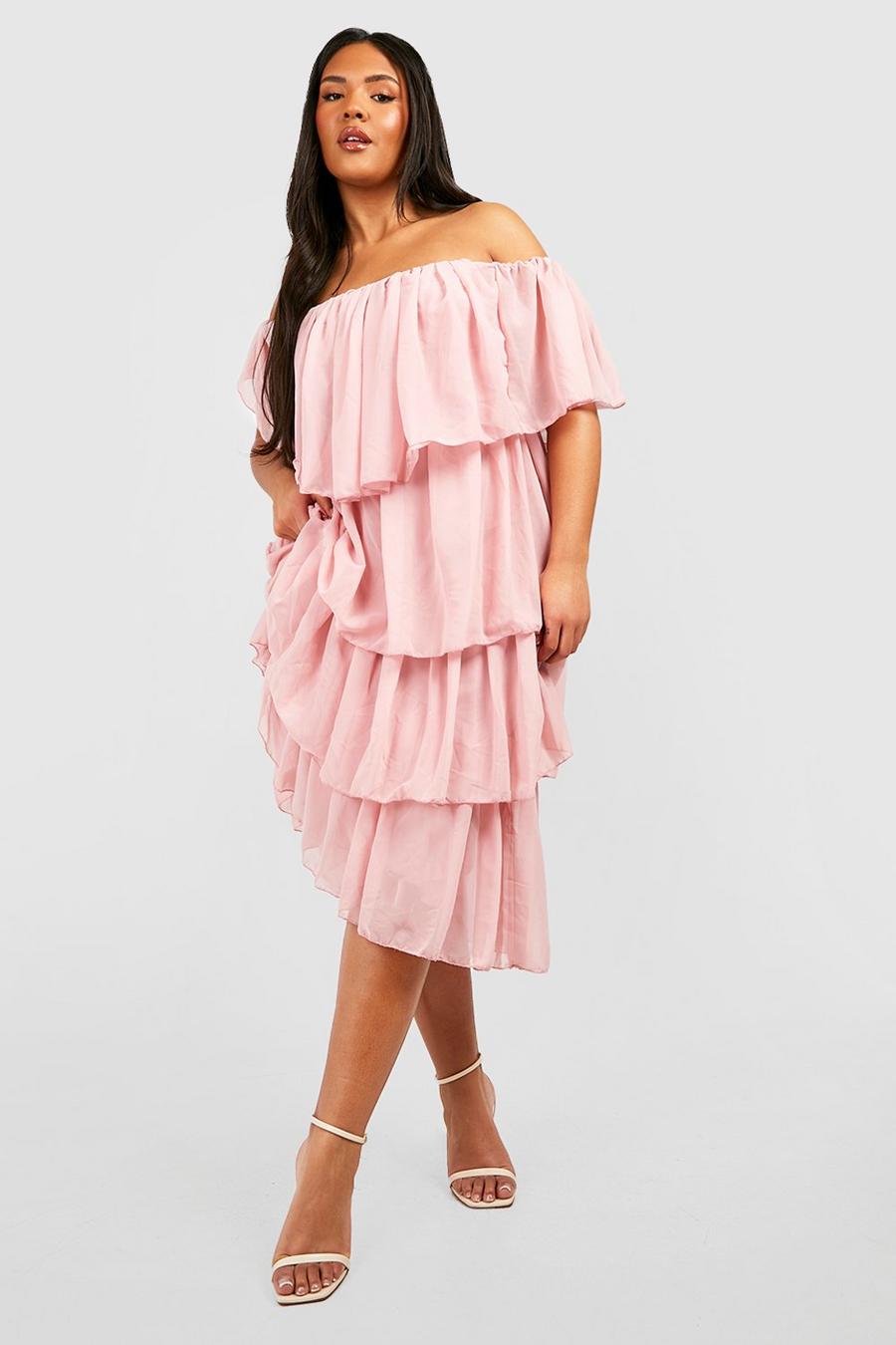 Blush pink Plus Chiffon Off The Shoulder Ruffle Midi Dress image number 1