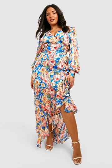 Plus Floral Ruffle Wrap Maxi Dress blue