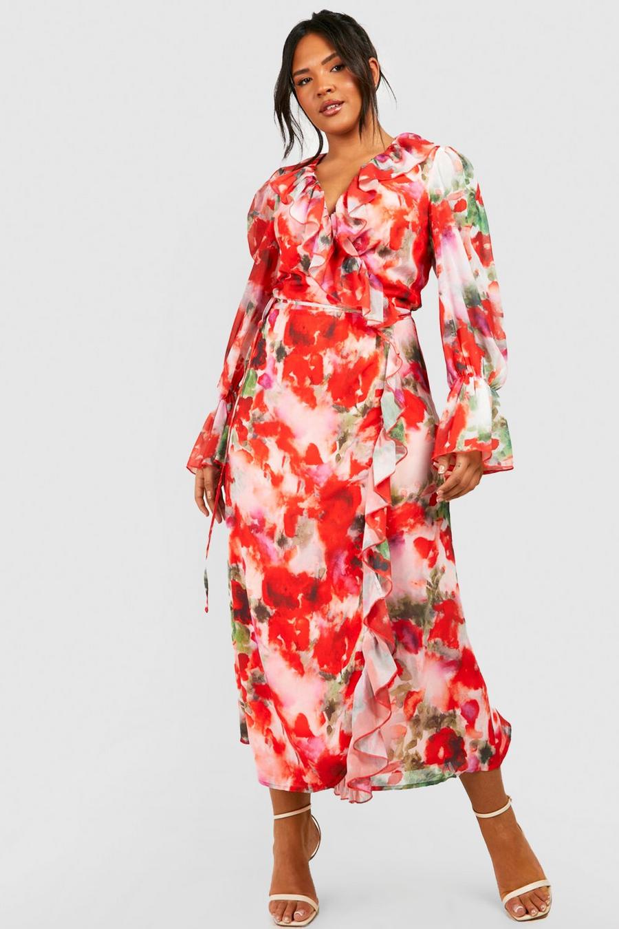 Grande taille - Robe portefeuille à volants et imprimé fleuri, Pink image number 1