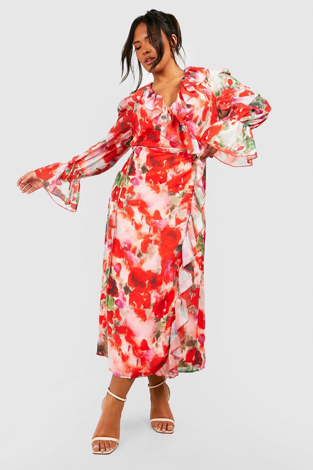 Plus Floral Ruffle Wrap Dress