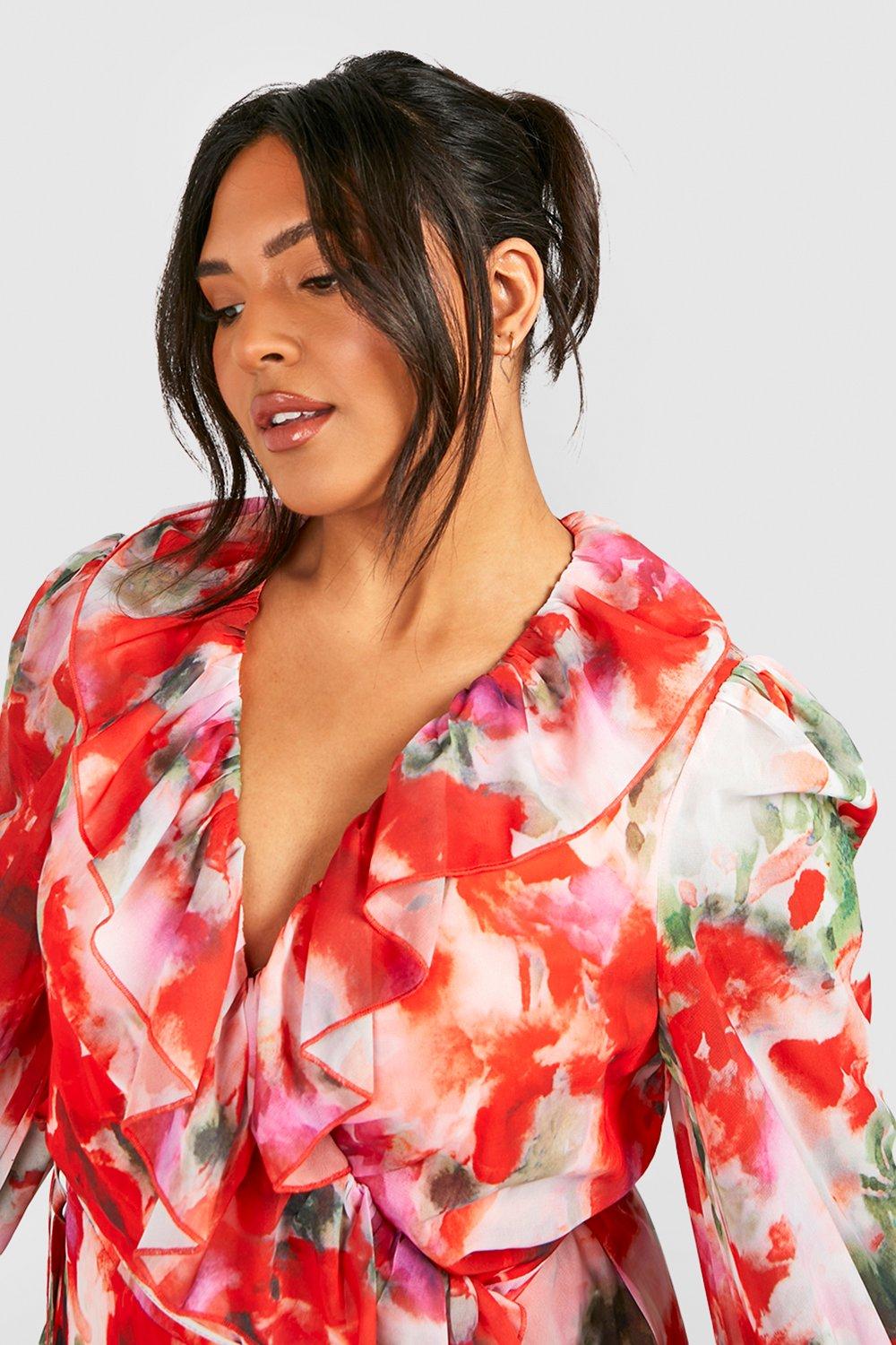 Plus Floral Ruffle Wrap Dress