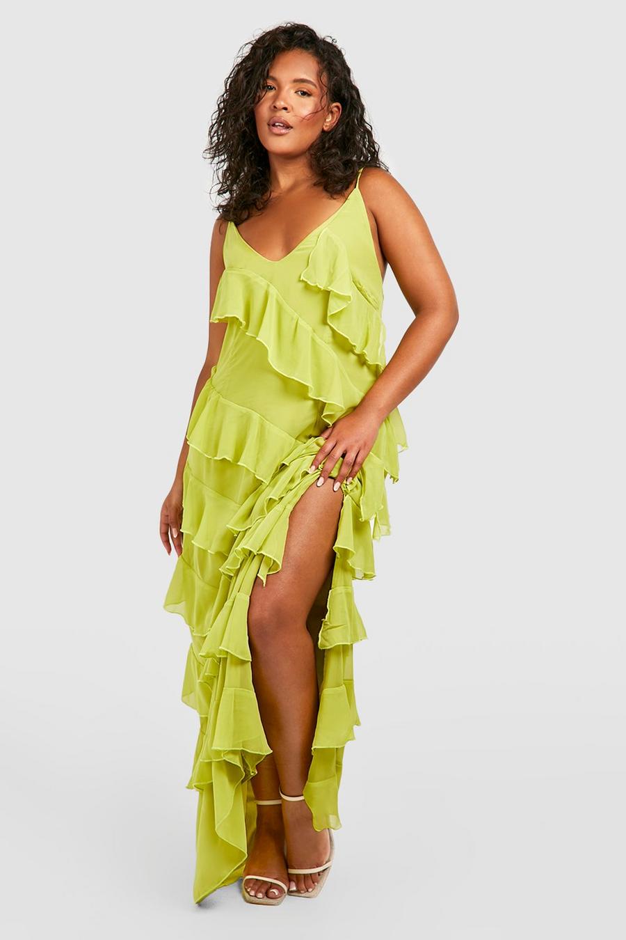 Olive green Plus Ruffle Strap Maxi Dress image number 1