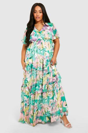 Green Plus Floral Print Angel Sleeve Maxi Dress