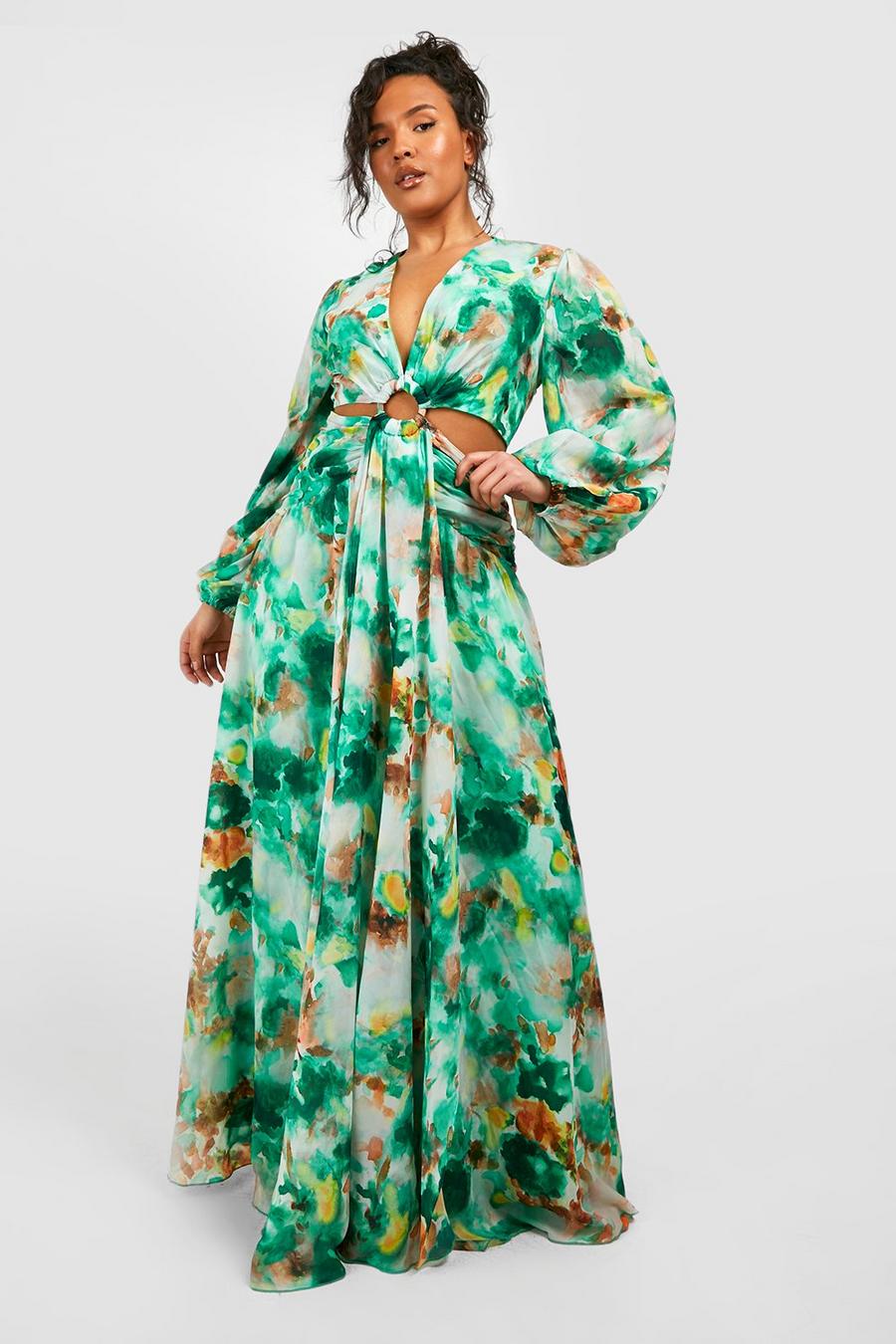 Green Plus Floral Print Chiffon Cut Out Maxi Dress image number 1