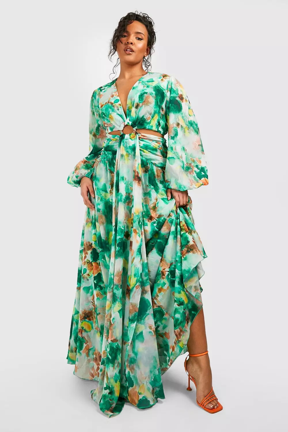 Green floral chiffon store dress