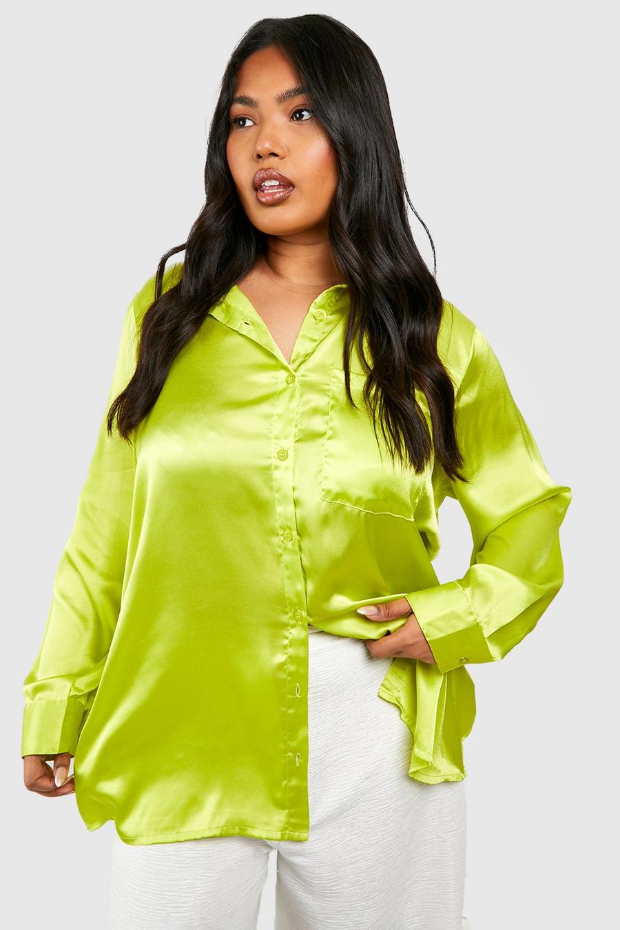 Women's Chartreuse Plus Oversized Satin Shirt | Boohoo UK