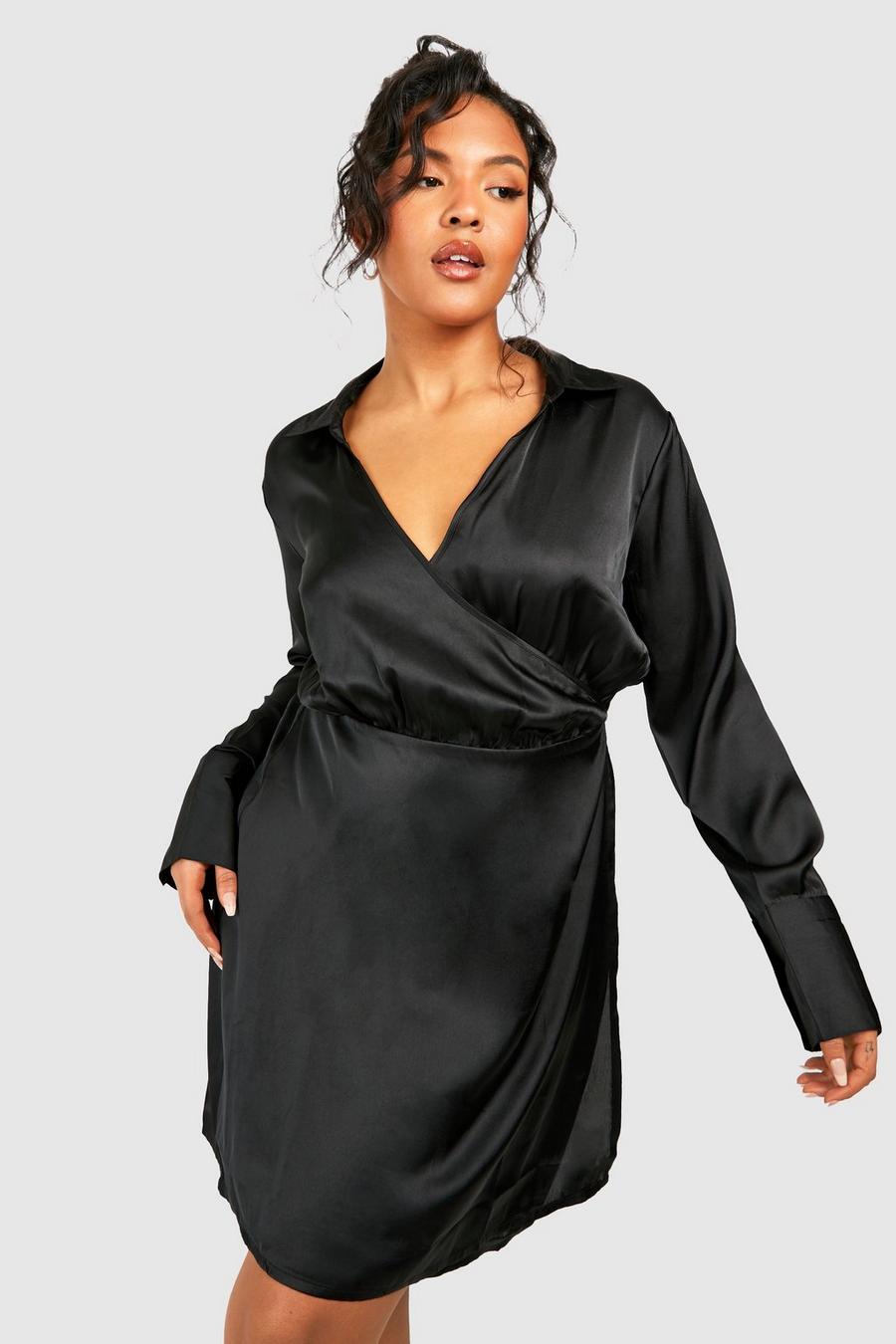 Black Plus Satin Belted Wrap Dress