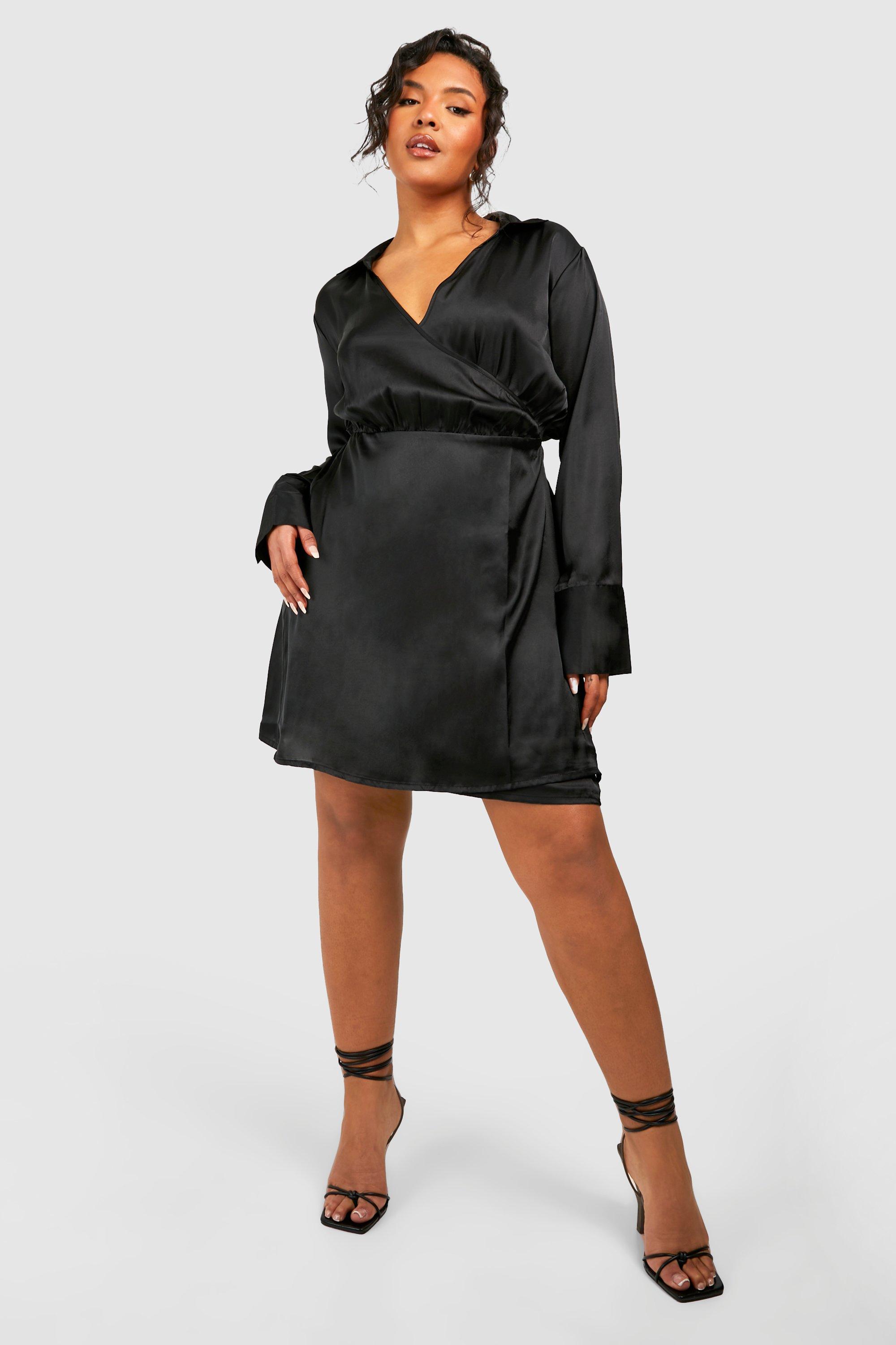 Black Satin Long Sleeve Wrap Dress