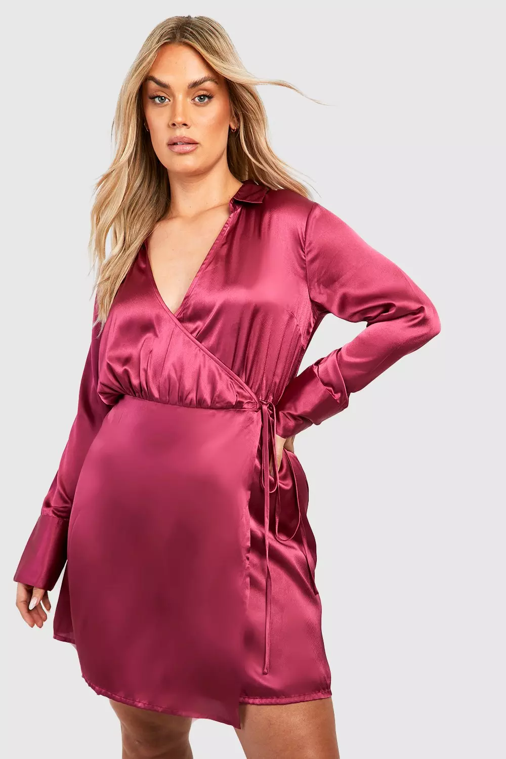 Boohoo satin belted wrap 2024 dress