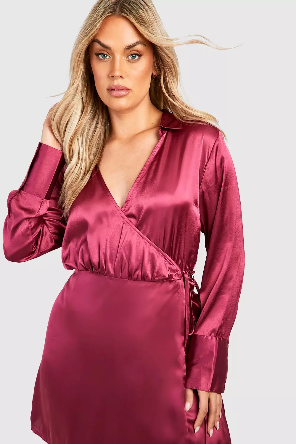 Boohoo satin belted wrap cheap dress