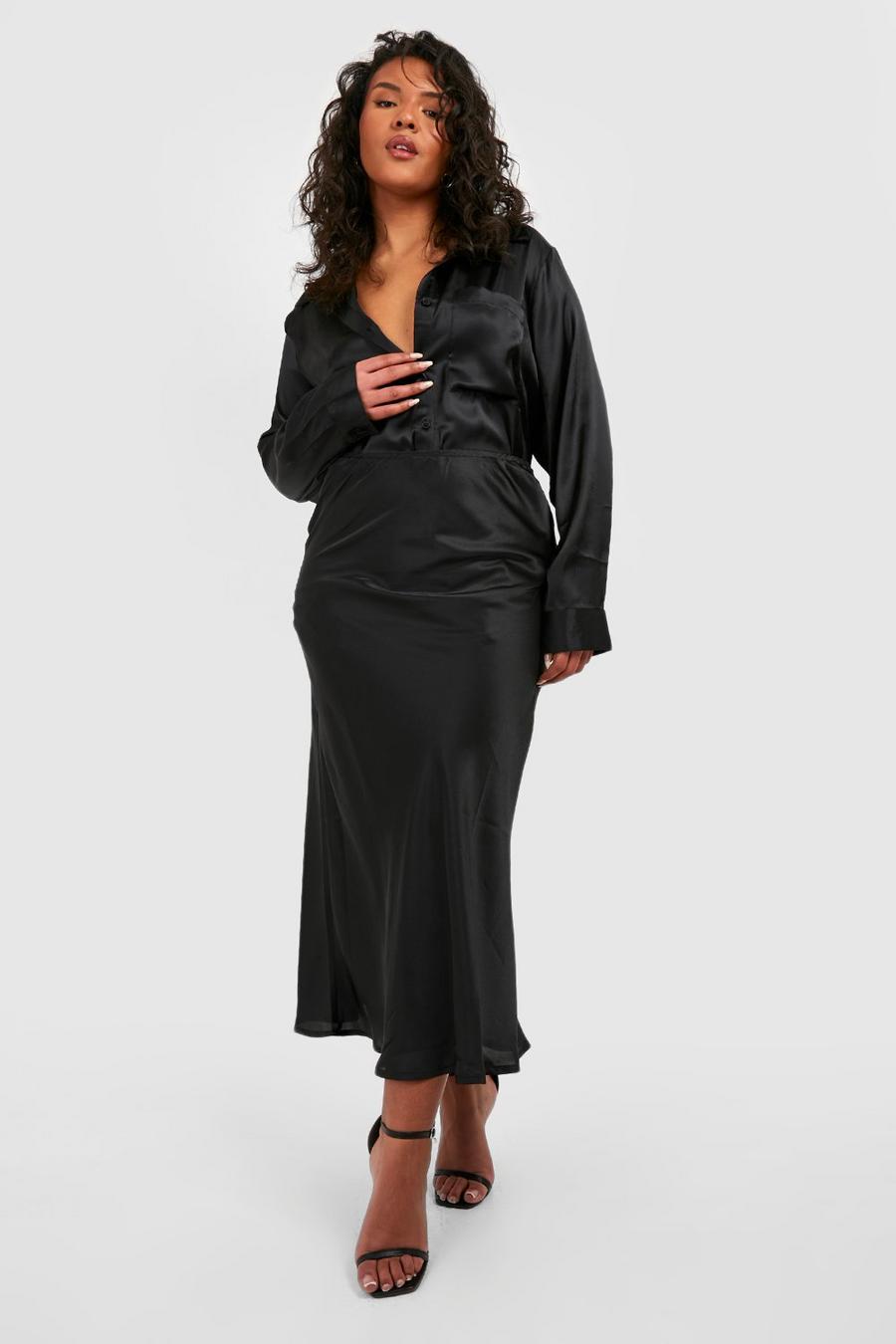 Black Plus Satin Midi Skirt image number 1