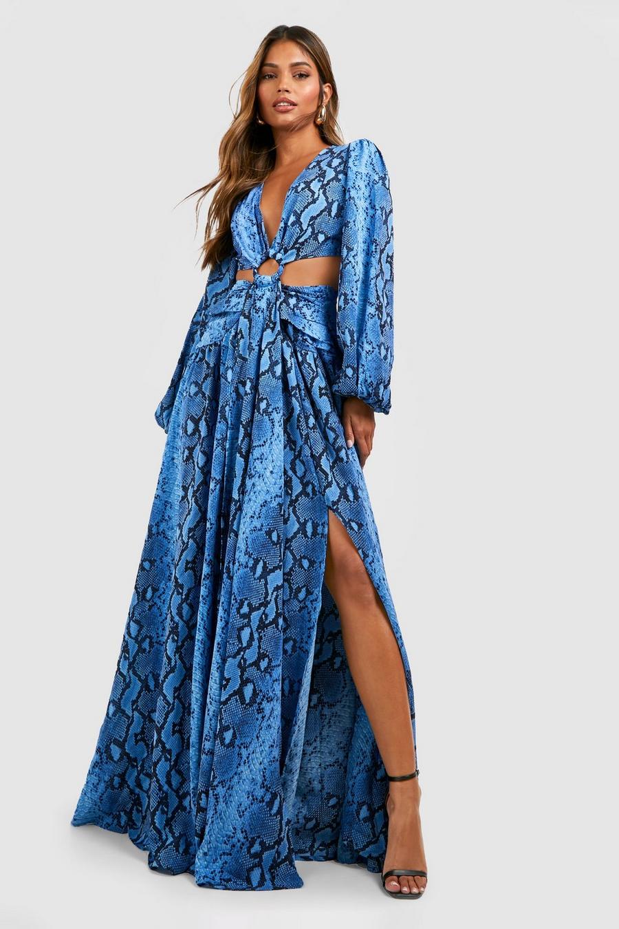 Blue Snakeskin Neon Cut Out Maxi Dress 