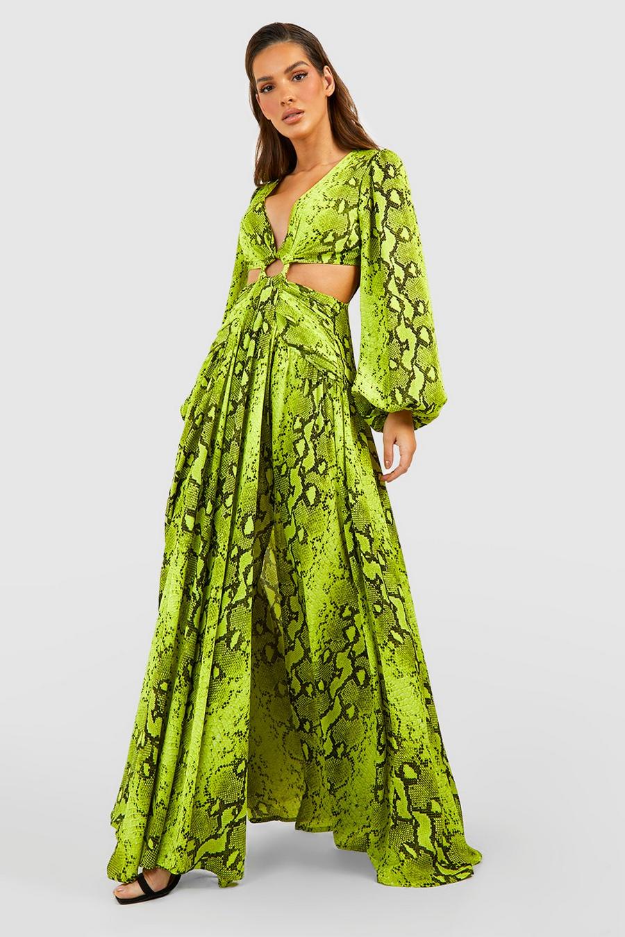 Cut-Out Maxikleid mit Neon-Schlagenprint, Lime image number 1