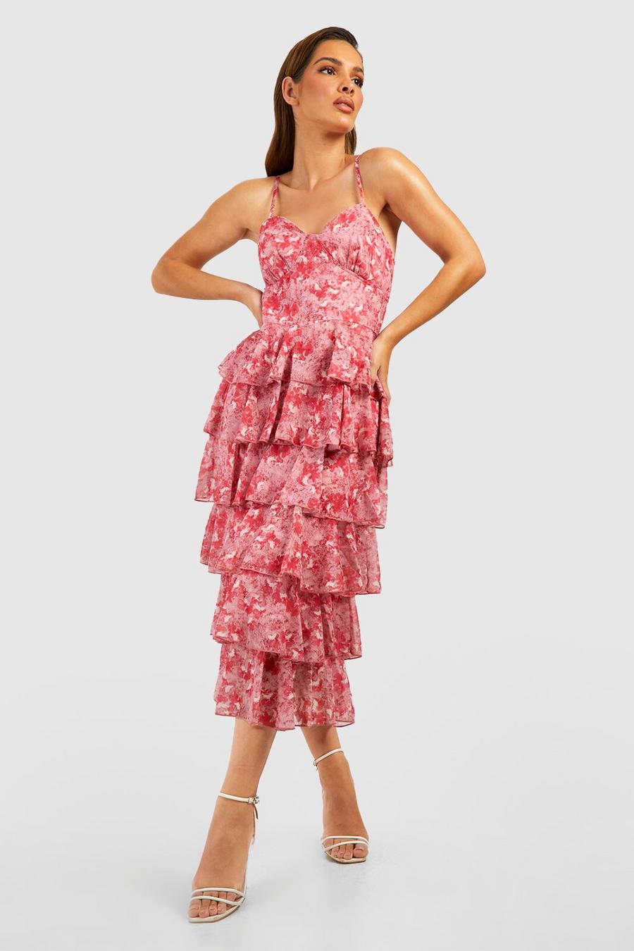 Pink Chiffon Floral Tiered Strappy Midi Dress image number 1