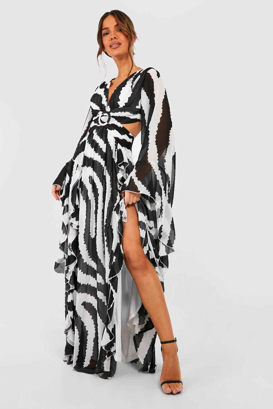 Black nero Animal Chiffon Print Cut Out Maxi Dress 