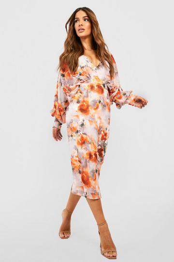 Orange Floral Chiffon Blouson Sleeve Midi Dress