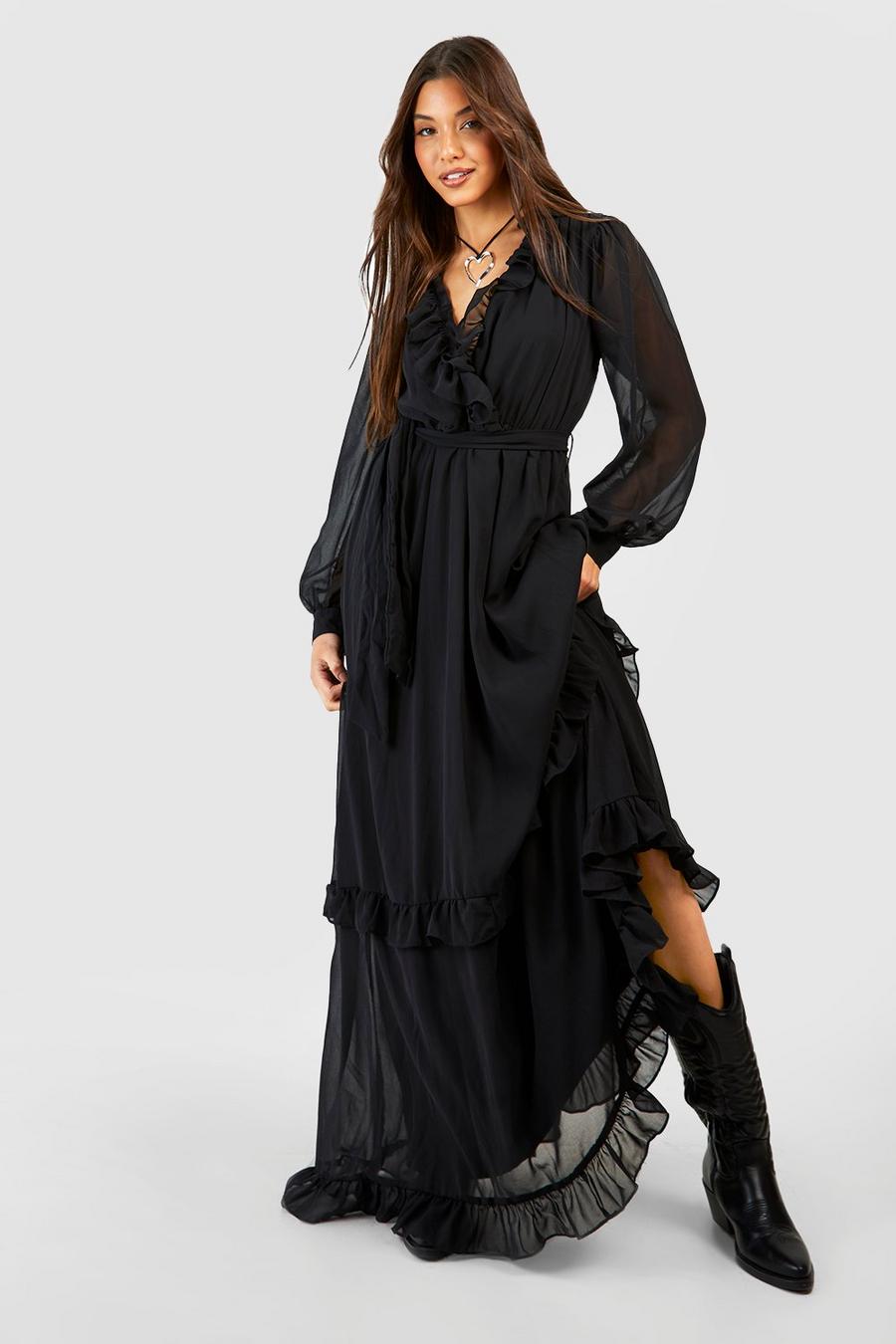 Black Chiffon Boho Ruffle Detail Maxi Dress image number 1