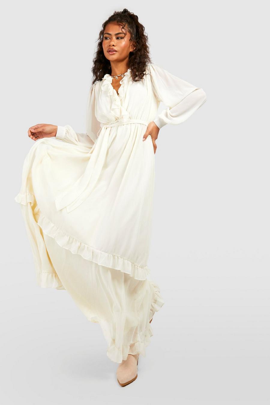 Chiffon Boho Ruffle Detail Maxi Dress, Cream bianco