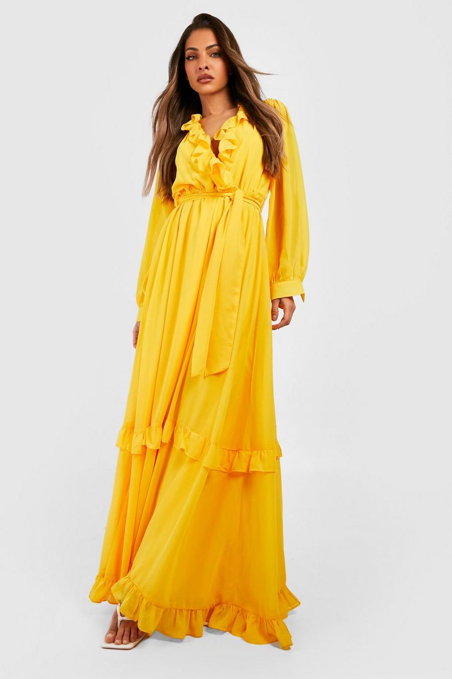 Yellow Chiffon Boho Ruffle Detail Maxi Dress image number 1